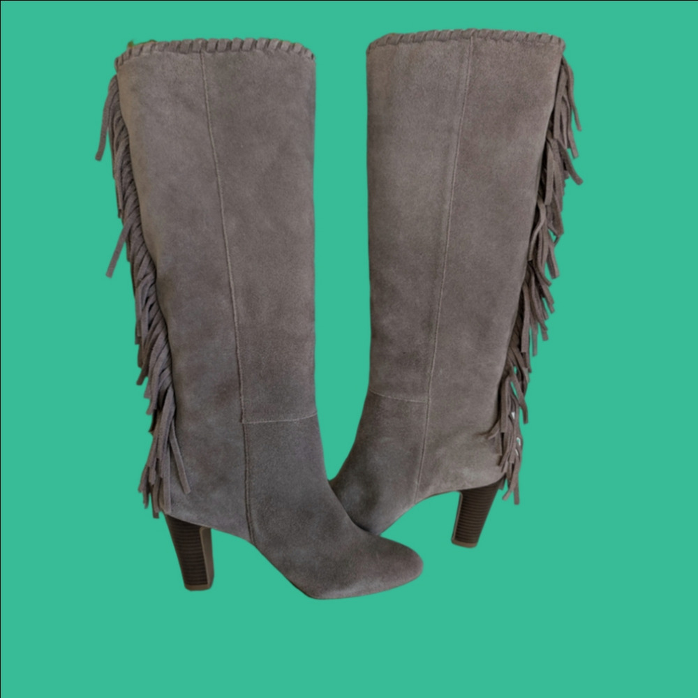 Boots Suede Knee-High With Fringe Pull On - Gray Size 7